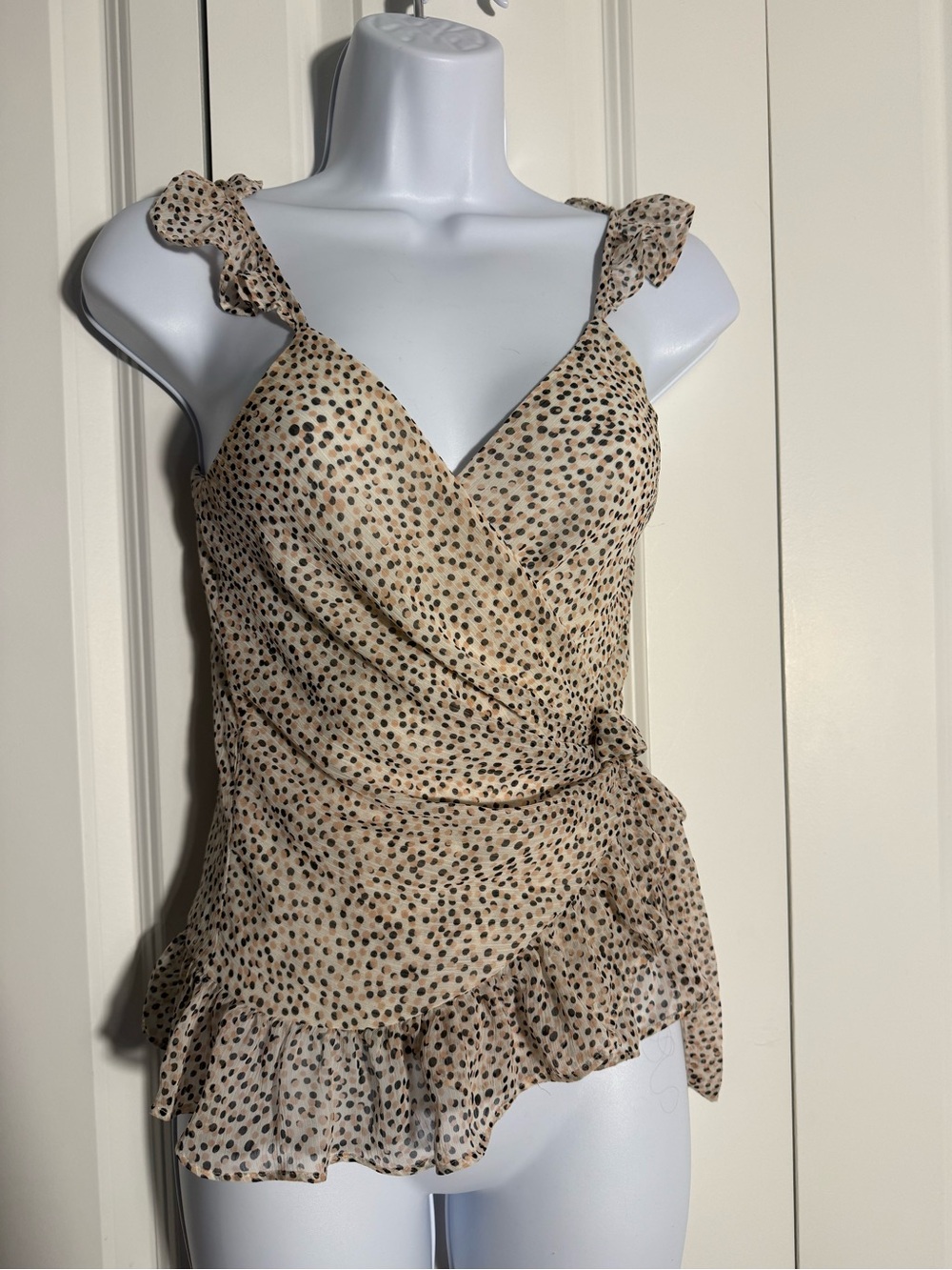 Express Beige Polka Dot Ruffle Wrap Tank